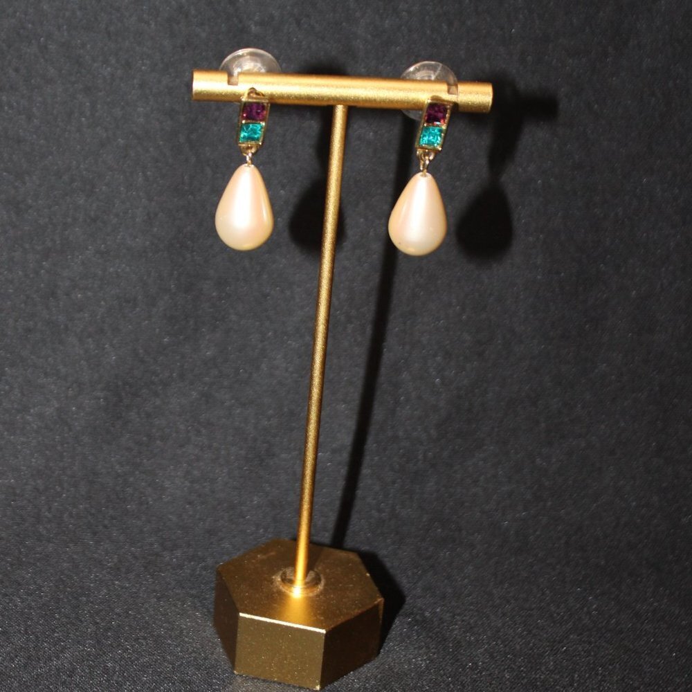Trifari Teardrop Pearl Earrings with Purple and Turquoise Stones